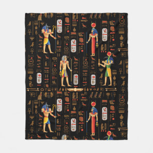 Gold Egyptian hieroglyphs and deities on black Fleece Blanket