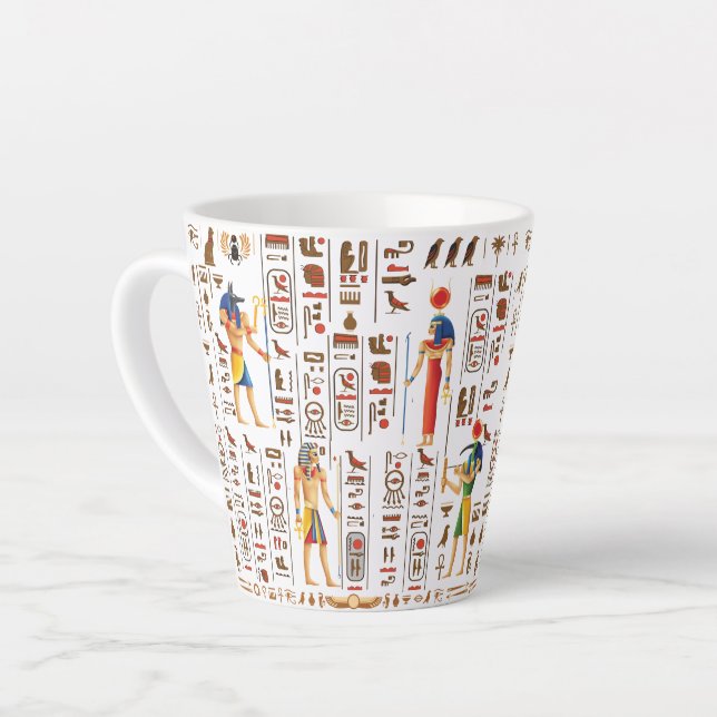 Gold Egyptian hieroglyphs and deities on black Latte Mug (Left Angle)