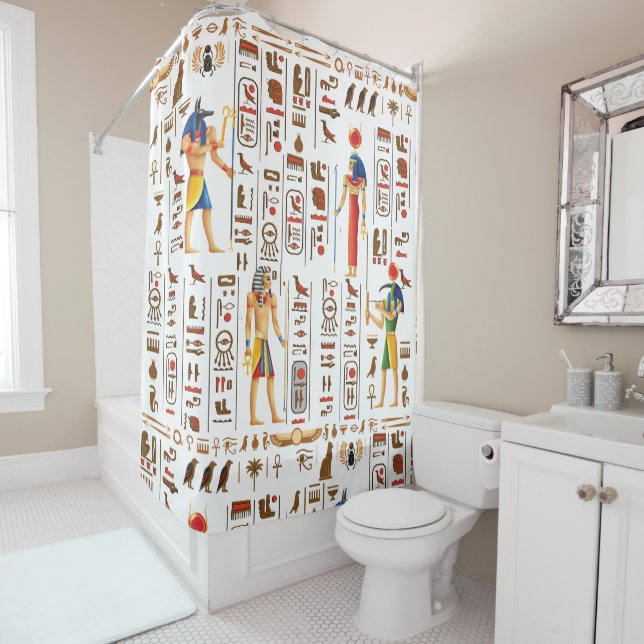 Gold Egyptian hieroglyphs and deities on black  Shower Curtain (In Situ)