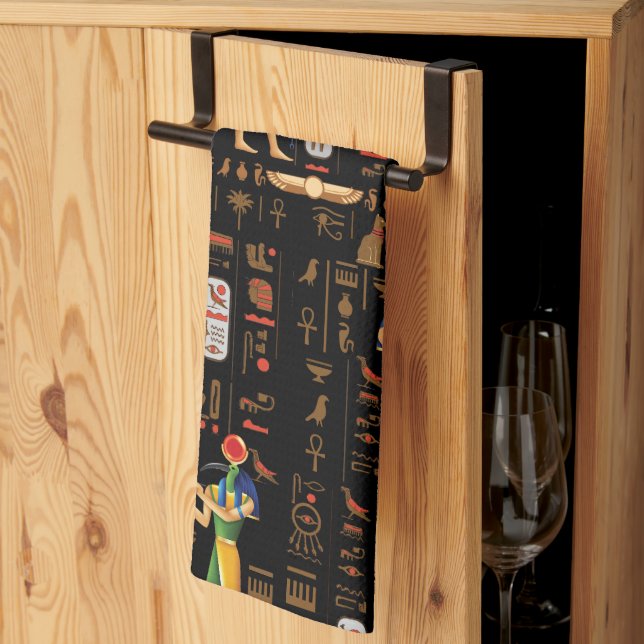 Gold Egyptian hieroglyphs and deities on black  Tea Towel (Thirds Fold)
