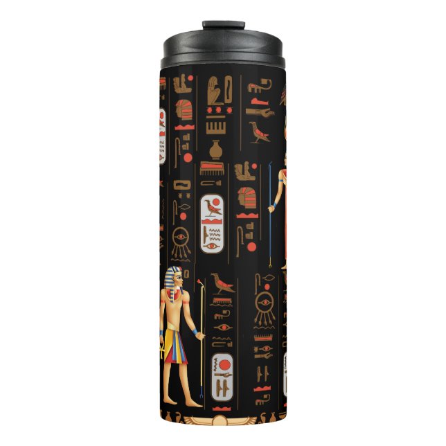 Gold Egyptian hieroglyphs and deities on black Thermal Tumbler (Front)