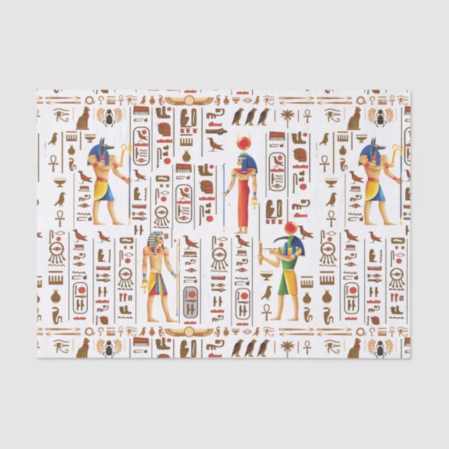 Gold Egyptian hieroglyphs and deities on black  Tissue Paper (Front)