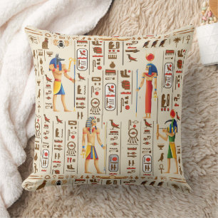 Gold Egyptian hieroglyphs and deities on papyrus Cushion