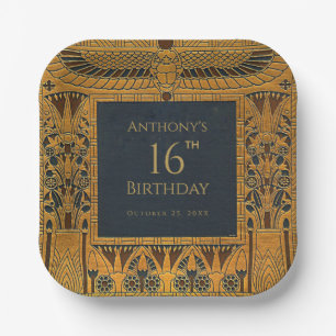 Gold Egyptian Themed Birthday Elegant Vintage Blue Paper Plate
