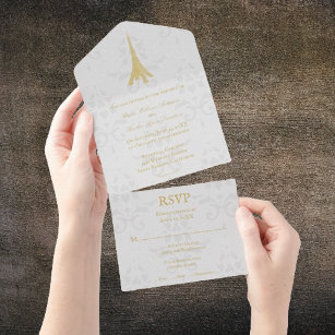 Gold Eiffel Tower Damask All in One Wedding Invite