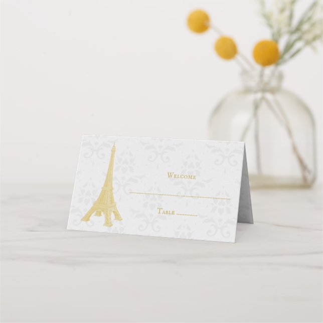 Gold Eiffel Tower Damask Reception Place Card (Front)
