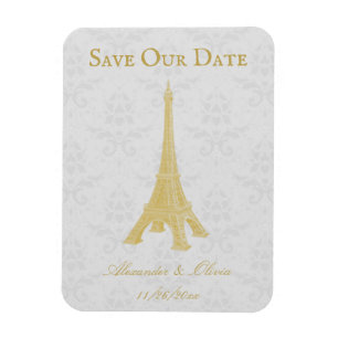 Gold Eiffel Tower Damask Save The Date Magnet