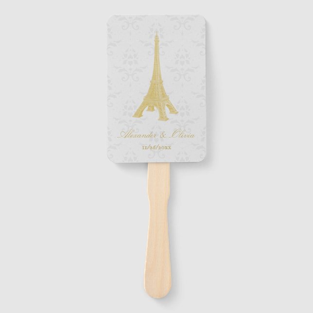 Gold Eiffel Tower Damask Wedding Favour Hand Fan (Front)