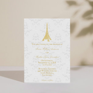 Gold Eiffel Tower Damask Wedding Invitation