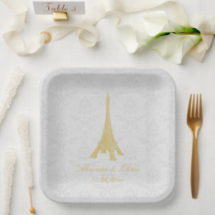 Gold Eiffel Tower Damask Wedding Shower Paper Plate