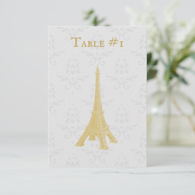 Gold Eiffel Tower Damask Wedding Table Card (Standing Front)