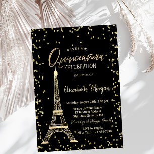 Gold Eiffel Tower Diamonds Black Quinceanera Invitation