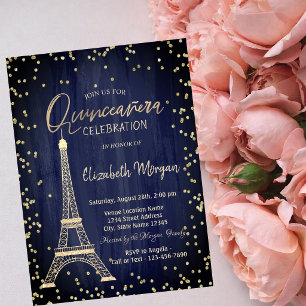 Gold Eiffel Tower Diamonds Navy Blue Quinceanera Invitation