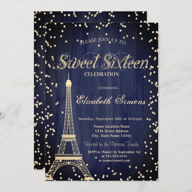 Gold Eiffel Tower Diamonds Navy Blue Sweet 16 Invitation (Front/Back)