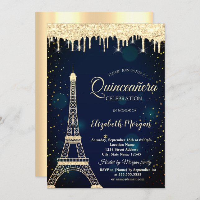 Gold Eiffel Tower,Drips Navy Blue Quinceañera Invitation (Front/Back)