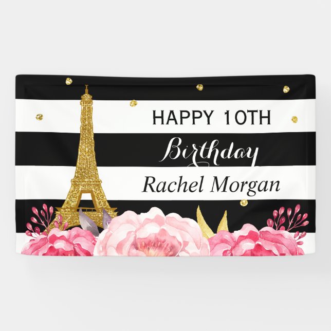 Gold Eiffel Tower Floral Girl Kids Birthday Party Banner (Horizontal)