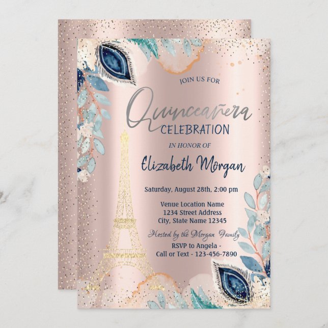 Gold Eiffel Tower,Flowers,Rose Gold Quinceañera Invitation (Front/Back)