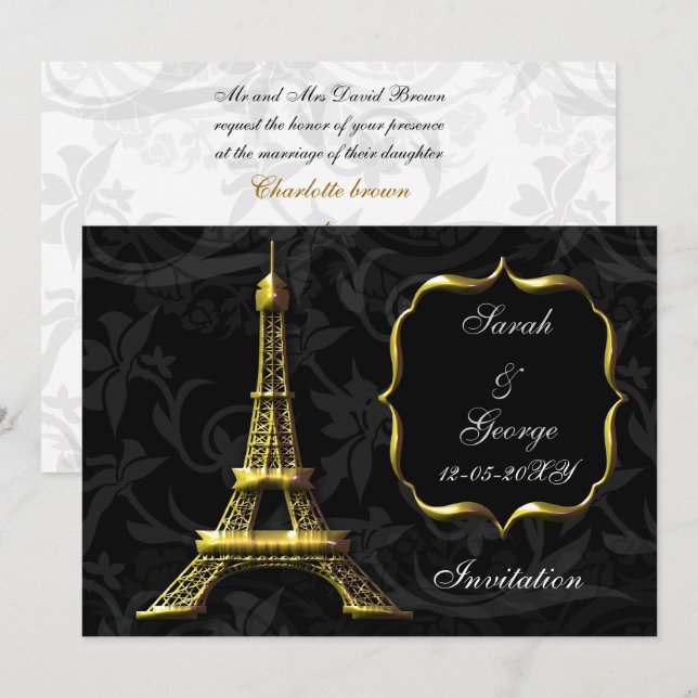 gold eiffel tower Paris wedding invitation (Front/Back)