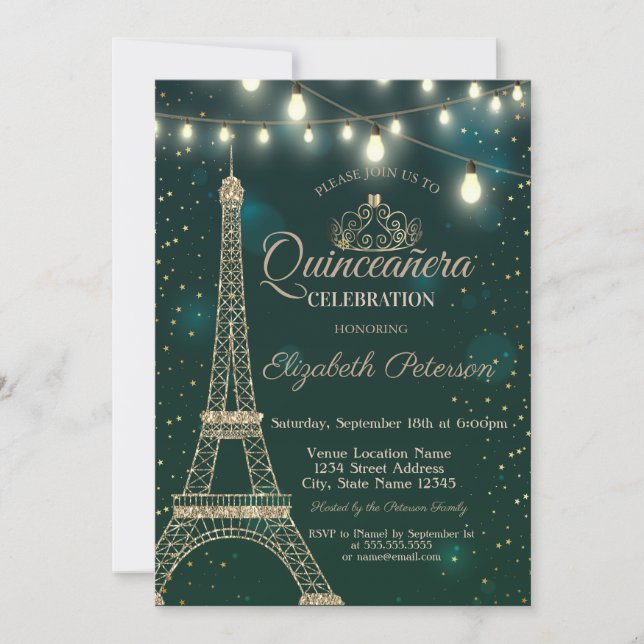 Gold Eiffel Tower Stars Green  Quinceañera Invitation (Front)