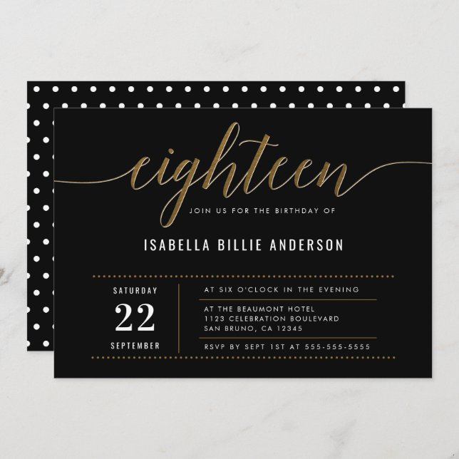 Gold Eighteen Script Birthday Party Invitations (Front/Back)