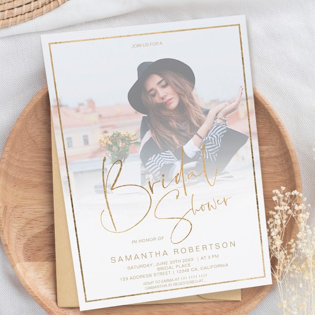 Gold elegance calligraphy photo bridal shower invitation (Creator Uploaded)