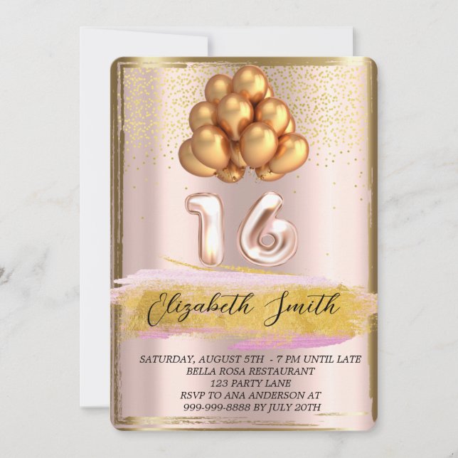  Gold elegance,  rose gold sweet sixteen  Invitation (Front)