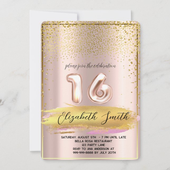  Gold elegance,  rose gold sweet sixteen  Invitation (Front)