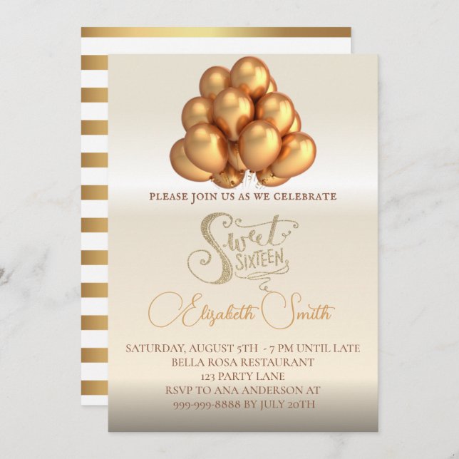  Gold elegance, sweet sixteen invitation (Front/Back)