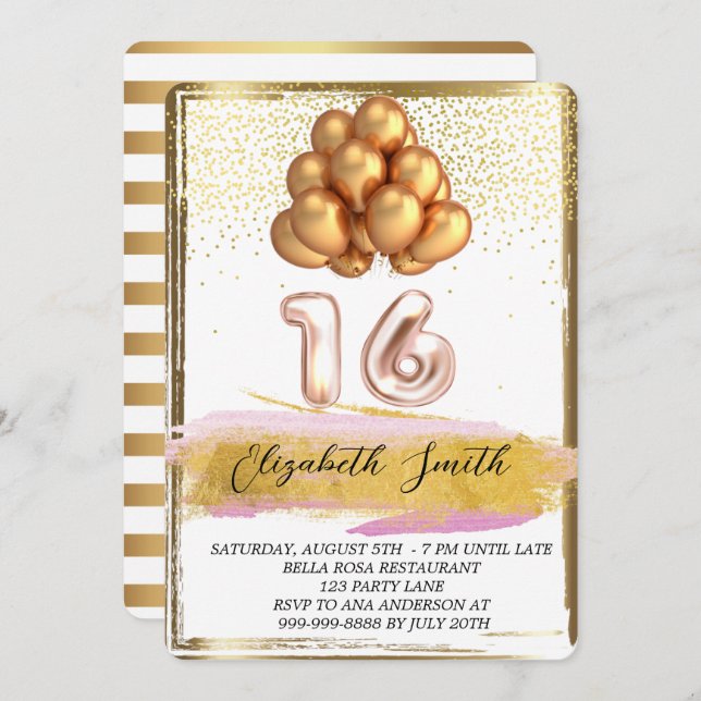  Gold elegance, sweet sixteen invitation (Front/Back)