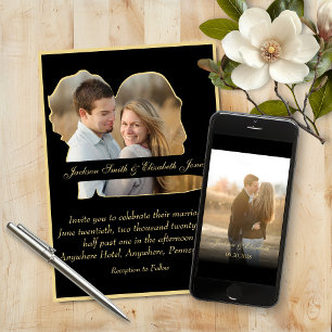 Gold Elegant Bride and Groom Shape Photo Wedding Invitation