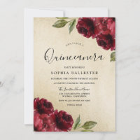 Gold Elegant Burgundy Red Flowers Quinceanera
