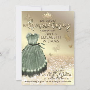 Gold elegant butterfly Green dress  Quinceañera  Invitation