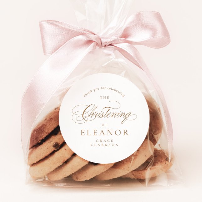 Gold Elegant Calligraphy Christening Thank You Classic Round Sticker (Creator Uploaded)