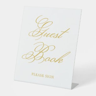 Gold Elegant Calligraphy Wedding Guest Book Pedestal Sign