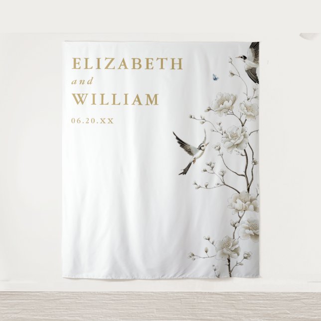 Gold Elegant Chinoiserie Wedding Photo Backdrop Tapestry (Front)