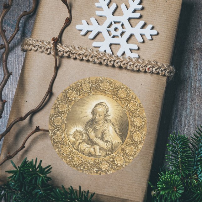 Gold Elegant Christian Christmas Nativity Scene Classic Round Sticker (Gold Elegant Vintage Religious  Christian Catholic Christmas Nativity Scene Classic Gift Sticker)