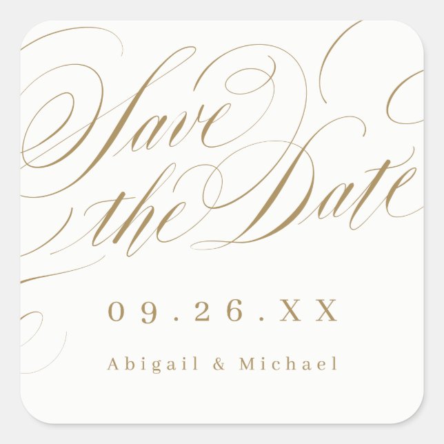 Gold elegant classic calligraphy save the date square sticker (Front)