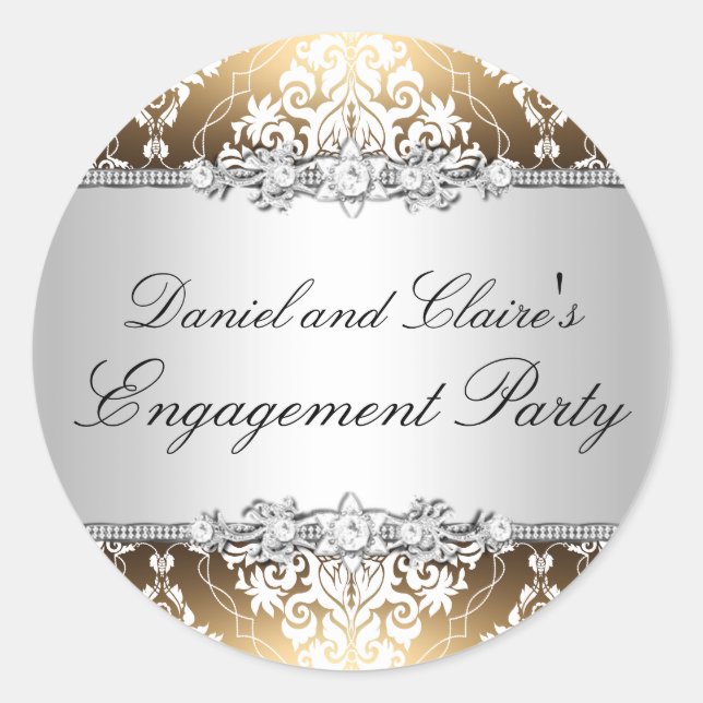 Gold Elegant Damask Engagement Party Sticker (Front)