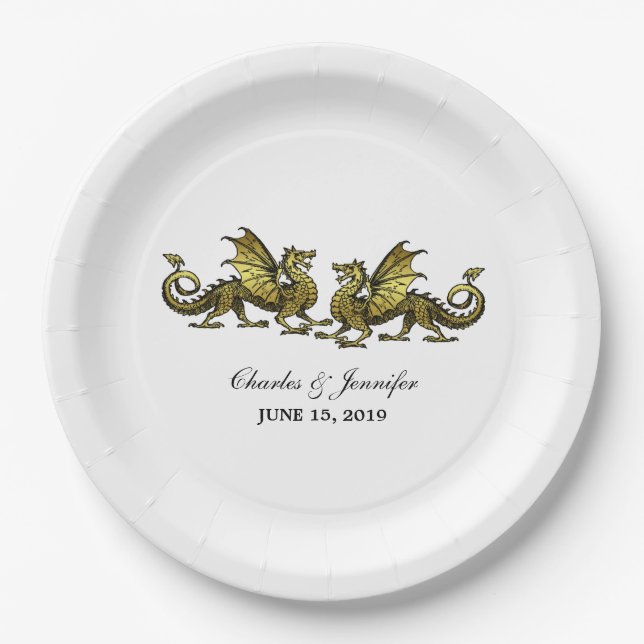 Gold Elegant Dragons Wedding Paper Plates (Front)