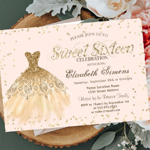 Gold Elegant Dress Diamonds Cream Sweet 16 Invitation