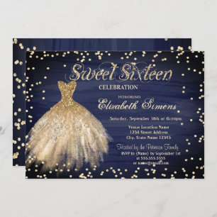 Gold Elegant Dress Diamonds Navy Blue Sweet 16 Invitation