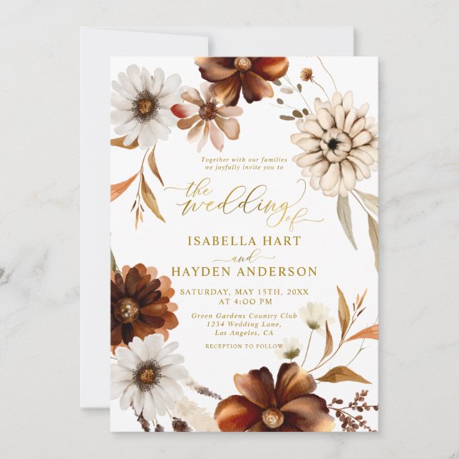 Gold Elegant Fall Boho Terracotta Brown Wedding Invitation (Front)