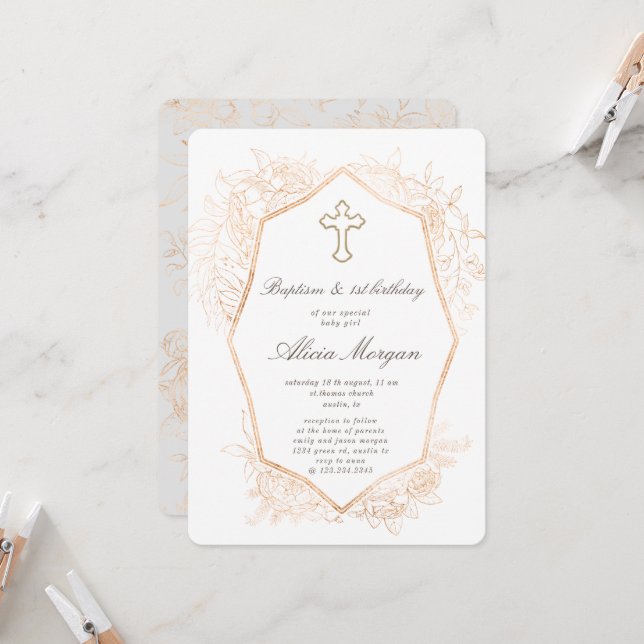 Gold Elegant Floral Baptism First Birthday Invitation (Front/Back In Situ)