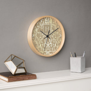Gold Elegant Flourish Monogram Clock