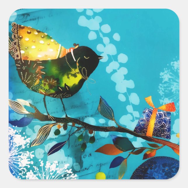 Gold Elegant Happy Songbird Wishes Watercolor Square Sticker (Front)