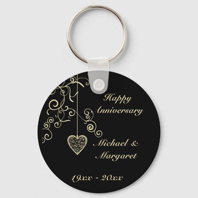 Gold Elegant Heart Wedding Anniversary Key Ring (Front)