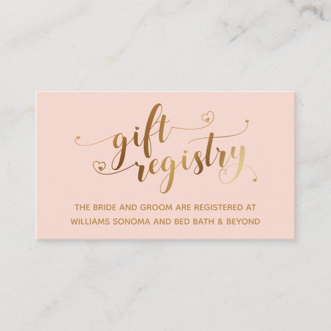 Gold Elegant Hearts Script, Blush Gift Registry Enclosure Card (Front)