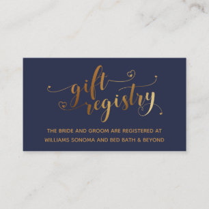 Gold Elegant Hearts Script Navy Blue Gift Registry Enclosure Card