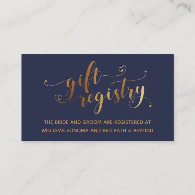 Gold Elegant Hearts Script Navy Blue Gift Registry Enclosure Card (Front)