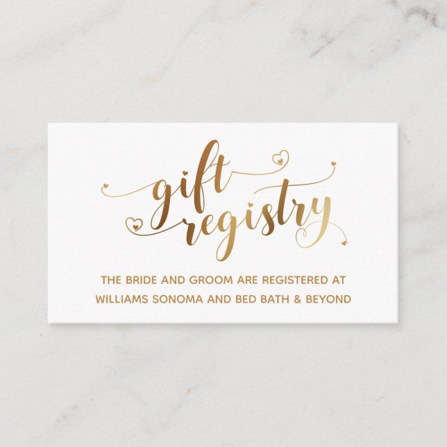 Gold Elegant Hearts Script, White Gift Registry Enclosure Card (Front)